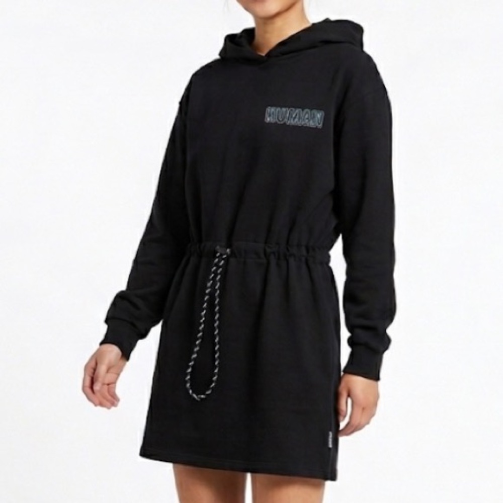 CATALOG Black HUMAN Logo Drawstring Waist Hoodie Dress S / 155 / 76A Streetwear